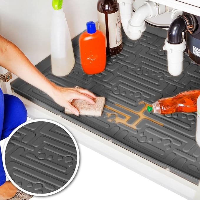 XTREME MATS Waterproof Undersink Mat (Gray 22 1/4 x 19 1/4) Cabinet Base Liner for Bathroom Vanity Cabinets Catches Leaks Prevents Damage Flexible Driptray