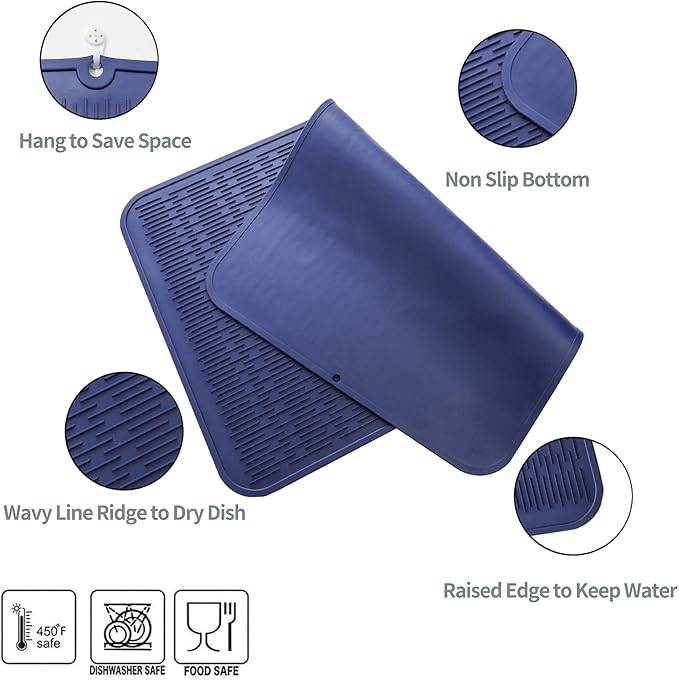 MicoYang Silicone Dish Drying Mat for Multiple UsageEasy cleanEco-friendlyHeat-resistant Silicone Mat for Kitchen Counter or SinkRefrigerator or Drawer Liner Navy Blue 4XL 32 inches x 18 inches