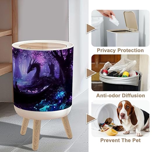 Small Trash Can with Lid beautiful black dragon night forest peacefully lying clearing 1.8 Gallon/7L Garbage Can Waste Bin with Press Top Lid Wood Legs Wastebasket for Bathroom Kitchen Bedroom