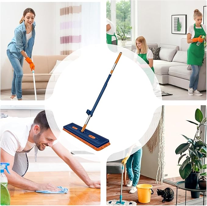 Flat Floor Mop - Long Handle Cleaning Tool with 360 Degree Rotating Head Household Apartment Dorm Hotel Home Mop for Hardwood Tile Laminate Floors Washable Reusable Microfiber Pads 16.5 Inch