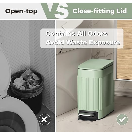 TrashAid Slim Bathroom Trash Can with Lid Soft Close 6 Liter/1.6 Gallon Stainless Steel Small Garbage Can with Removable Inner Bucket Step Pedal Slim Wastebasket for Toilet Office Bedroom Green