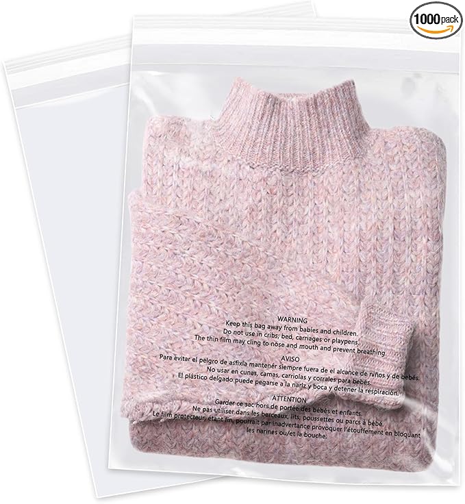 12 x 15 (1000 Count) - Clear Poly Bags with Suffocation Warning Self Seal for Packaging Shirts Clothing &amp FBA - Permanent Adhesive