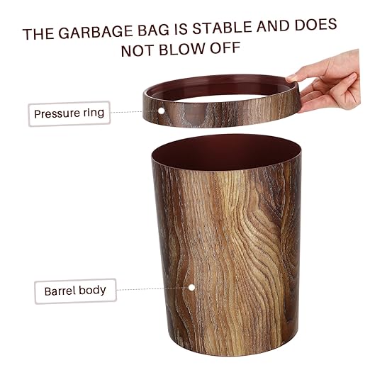 VALICLUD Vintage Wood Grain Trash Can Small Rustic Waste Basket for Kitchen Bathroom Living Room Office Elegant Household Rubbish Bin with Classic Wood Pattern Design