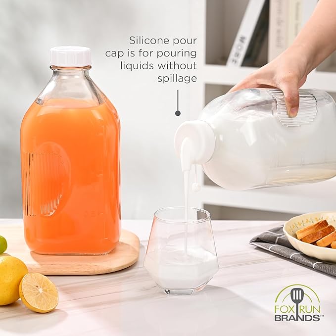 Fox Run Large Glass Milk Bottles Set of 2 64oz/2 Quart Capacity Glass Bottles with Airtight and Pouring Lids
