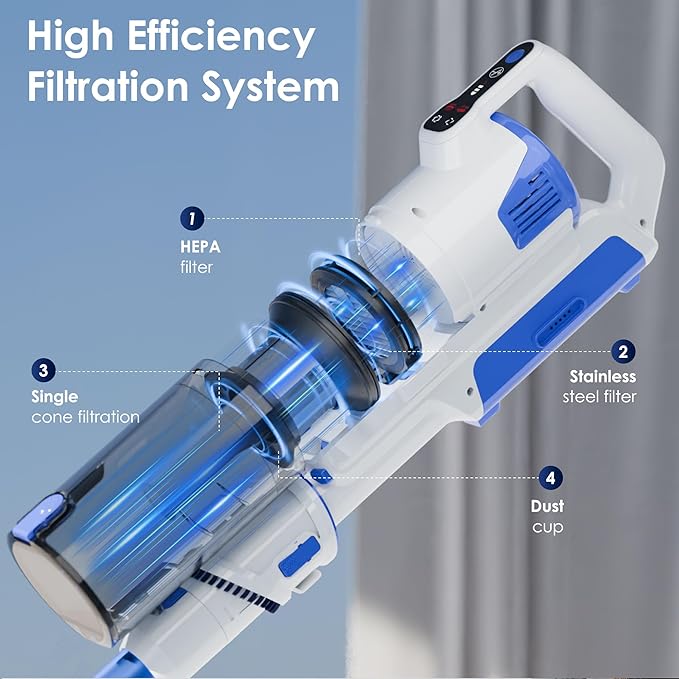 Cordless Vacuum Cleaner with Self-Standing 45KPA Stick Vacuum 88000RPM Brushless Motor &amp LED Display Anti-Tangle Lightweight Vacuum Cleaners for Home Pet Hair Hardwood Floors Azure