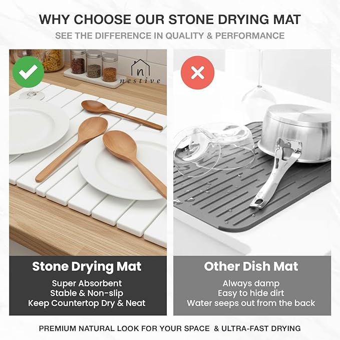 Large Stone Dish Drying Mat for Kitchen Counter 24x16 Fast Drying Collapsible Diatomaceous Earth Mat Super Absorbent Folding Mat for Dishes Bottles Glass Heat-Resistant Non-Slip (White)