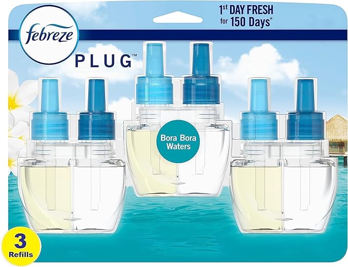Febreze Odor-Fighting Air Freshener Room Fresheners Air Effects Air Freshener Refills Fade Defy Plug Technology - (1 Pack) contains (3) of 0.87 fl oz Refills (Bora Bora Water)