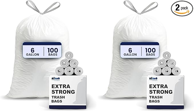 Plasticplace 6 Gallon Trash Bags White Drawstring Garbage Can Liners 17” x 20” for Bathroom Kitchen Office Car Small Trash Bags Leak-Proof &amp Tear-Resistant 100 Count (Pack of 2)