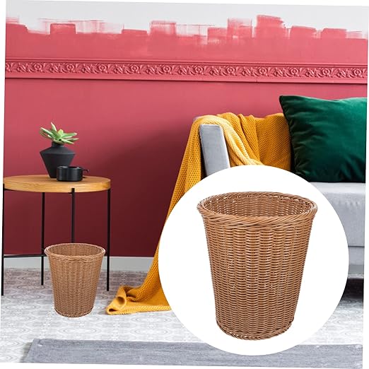 Home Decor Home Decor Waste Basket 1Pc Office Trash Can Simulated Rattan Woven Wastebasket Trash (Beige) Bathroom Office