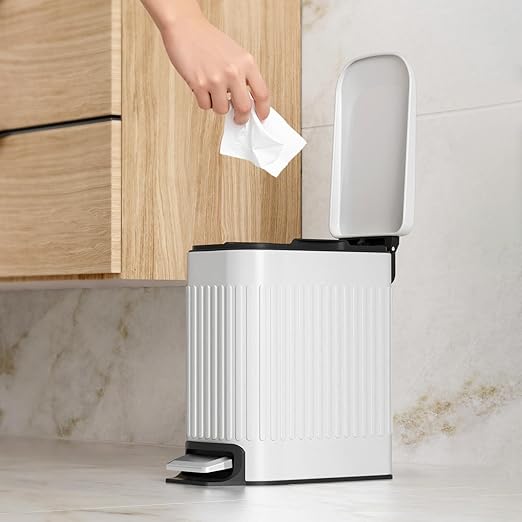 TrashAid Slim Bathroom Trash Can with Lid Soft Close 6 Liter/1.6 Gallon Stainless Steel Small Garbage Can with Removable Inner Bucket Step Pedal Slim Wastebasket for Toilet Office Bedroom White