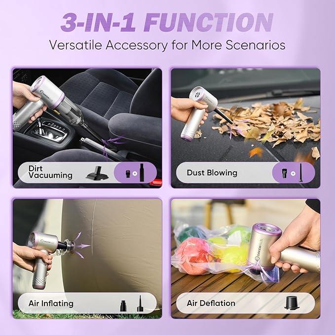 Mini Vacuum Cleaner 3 in 1 Cordless Handheld Vacuum Cleaners 18000Pa High Power Car Vacuum Cleaner with Brushless MotorAdjustable Car Vaccum Portable for CarsDesktop (Sliver and Purple)