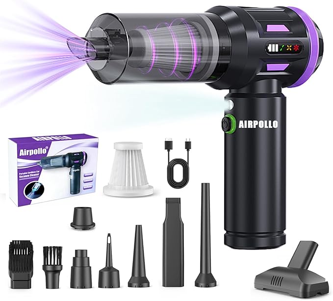 Airpollo® Car Vacuum Portable Cordless Handheld Cleaner Aspiradora para Carro 4 in 1 with LED Screen V2 Portable 29000 Pa Suction Air Blower Rechargeable High Power for Home Long Lasting Battery