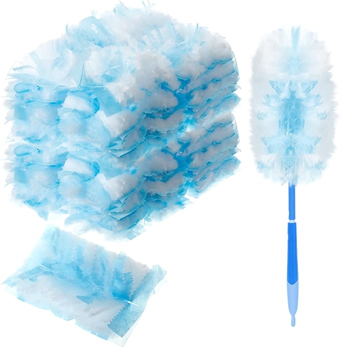 Vesici 100 Pcs Duster Refills Compatible with Swiffer Dusters Bulk Disposable Replacement Thickened with 1 Handle Heavy Duty for Cleaning Office (Blue)