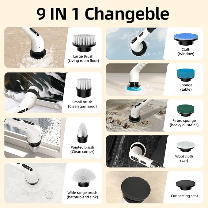 Electric Spin Scrubber for Cleaning 9 in 1 Changeable Bathroom Scrubber with Power Display Long Cordless Cleaning Brush Cordless Shower Cleaner Brush for Bathtub Kitchen Wall Cleaning