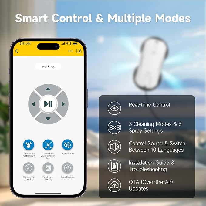 FMART T11 Window Cleaning Robot Auto 4-Way Water Spray 5300Pa Strong Suction High-Speed Cleaning &lt60dB Ultra-Quiet 60mm Slim Window Robot Smart Navigation Anti-Drop &amp 50min UPS Protectio