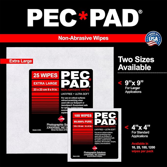 PEC-PAD (Extra Large) Non-Abrasive 9 x 9 Lint Free Wipes and PEC-12 Photographic Emulsion Cleaner - for Non-Water Based Stain for Cleaning Film Photo Negatives B&ampW Slide - (59ml) 2oz