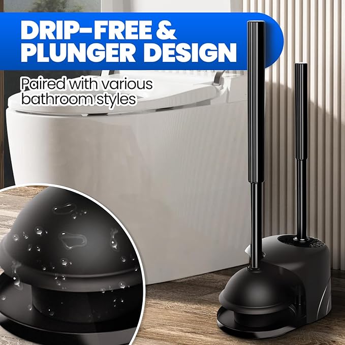 2Pack 2 in 1 Toilet Brush and Plunger Set Extended Handle PlungerToilet Bowl Brush Plunger SetBathroom Cleaning ToolsCleaning BrushToilet Brush Plunger Combo(Bright Black)