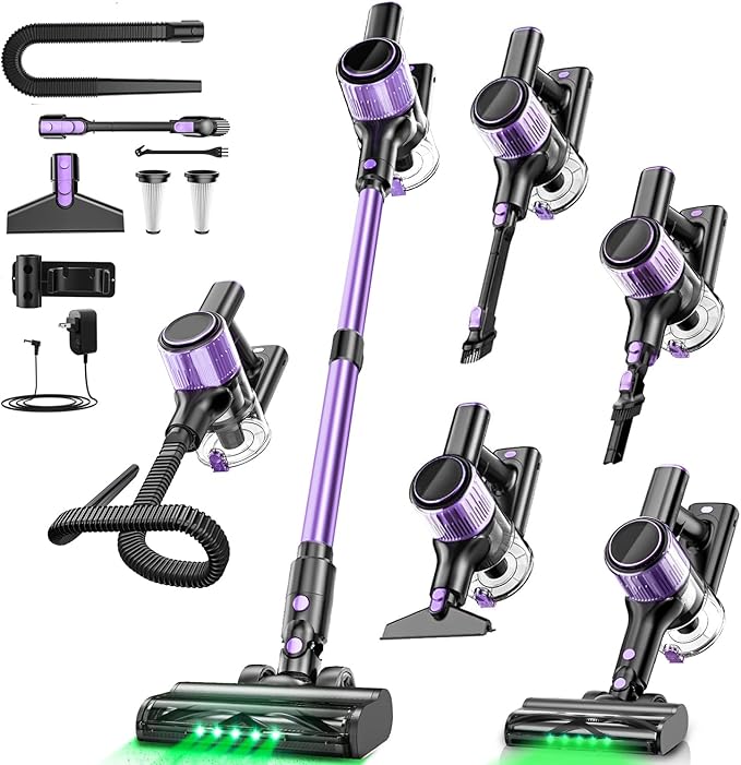 Cordless Vacuum Cleaner 45KPA /10-in-1 Stick Vacuum with 29-inch Hose 45Mins Runtime Vacuum Cleaners for Home Anti-Tangle Brush Lightweight Rechargeable Vacuum for Hardwood Floor (Purple)