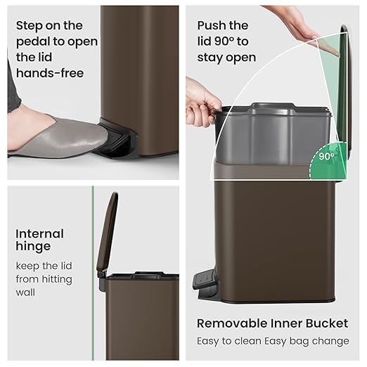 Cesun Small Bathroom Trash Can with Lid Soft Close Step Pedal 6 Liter / 1.6 Gallon Stainless Steel Garbage Can with Removable Inner Bucket Anti-Fingerprint Finish (Brown)