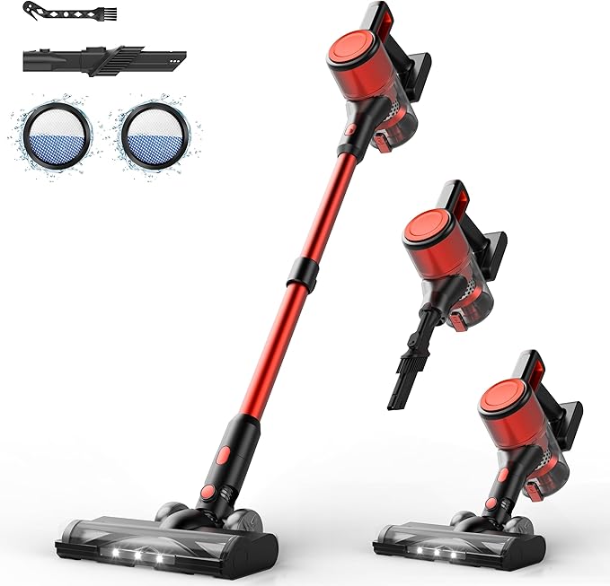 Cordless Vacuum Cleaner for Home - Lightweight Stick Vacuum Clean with Rechargeable Battery Max 45Mins Runtime 8 in 1 Handheld Vacuum for Hardfloor &amp Carpets Pet Hair Red&ampBlack