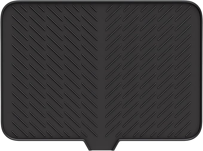 Silicone Dish Drying Mat with Built-in Drain Lip Dish Drying Mats for Kitchen Counter Hygienic Ultra Absorbent Dish Drying Pad Sturdy Compact Easy to Clean Tray Prevents Water Build Up (Black)