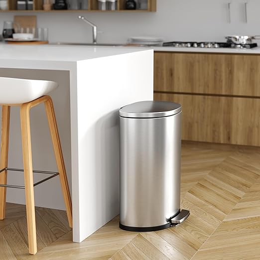 iTouchless 50 Liter Fingerprint Proof Pedal Garbage Bin Space-Saving Design for Kitchen Office Home SoftStep 13.2 Gallon Step Trash Can with Odor Control System Brushed Stainless Steel Semi-Round