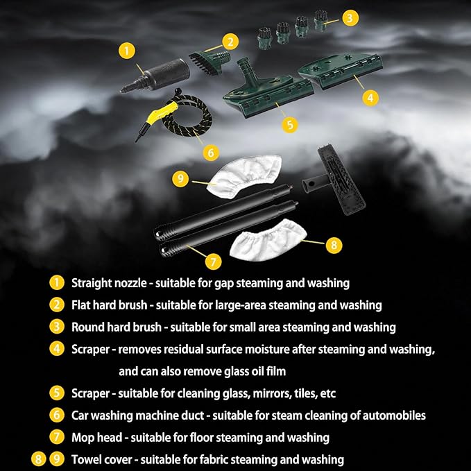 3000W Multi-Purpose High Temp Steam Washe 40s Fast Heat Up with 6 Accessories 3.5L High Pressure Steam Cleaner - Continuous Steam Output for Home Car range hood air conditioner (Yellow+mop)