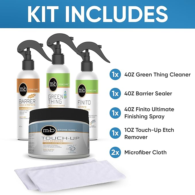 MB Stone Care Sample Kit - MB-11 Marble Etch Remover for Light to Neutral Colored Calcite Based Stone GT-1 Green Thing MB-24 Barrier Sealer Finito Finishing Spray Microfiber Towels