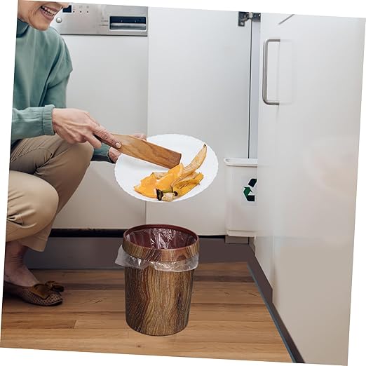 Vintage Wood Grain Wastebasket Small Trash Can with Pressure Ring Design for Kitchen Bathroom Bedroom Living Room Storage