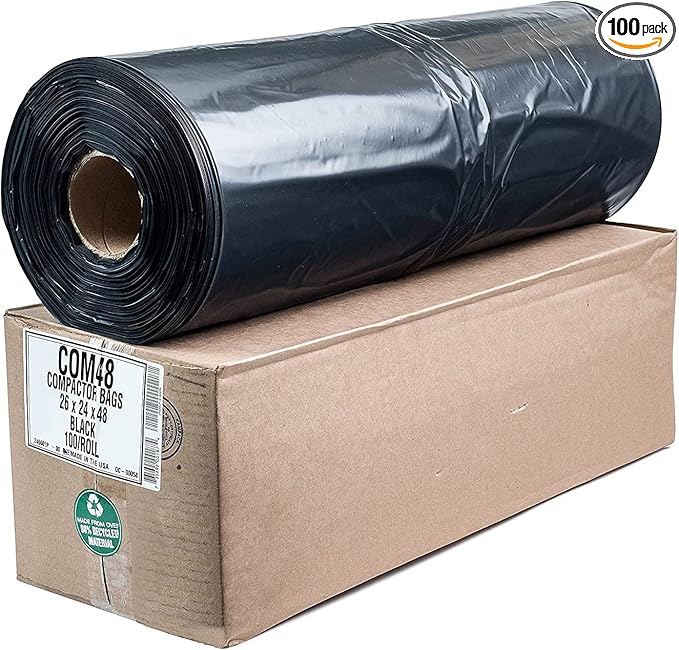 Aluf Plastics 65 Gallon 2.7 MIL Black Compactor Bags - 50 x 48 - Pack of 100 - For Contractor Industrial Healthcare &amp Municipal