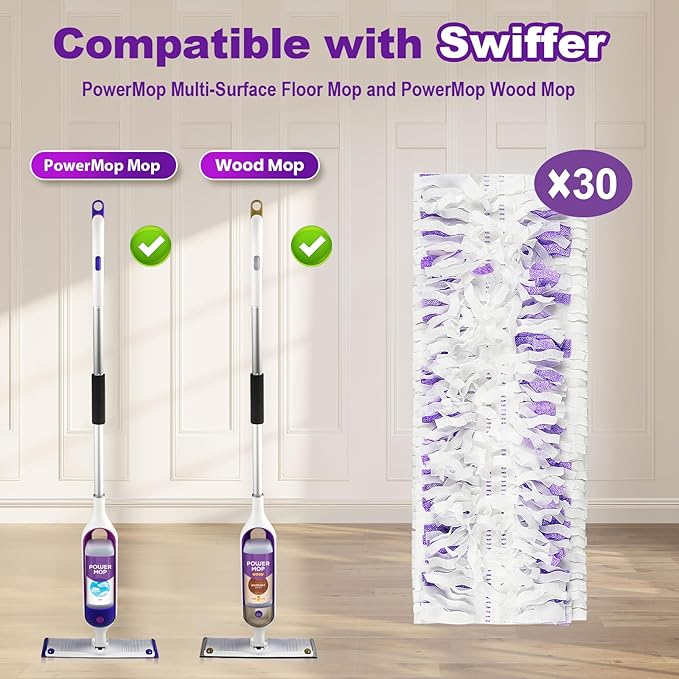 30 Count Disposable Mop Pad Refills Compatible with Swiffer PowerMop Multi-Surface Mop Absorbent Cleaning Pads for Hardwood Tile &amp Laminate Floors