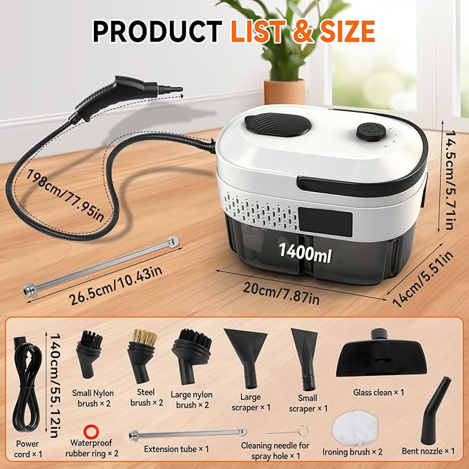 Handheld Steam Cleaner 2500W High Pressure Steam Cleaner Fast Heat-Up 3 Steam Levels 1400ml Large Capacity for Home Car Grease Grout Tile