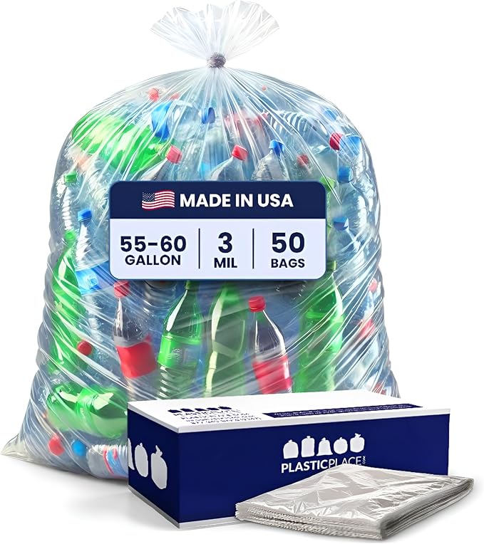 Plasticplace Contractor Trash Bags 55-60 Gallon Heavy Duty Garbage Bags 3.0 Mil Clear Trash Bags Tear-Resistant Large Trash Can Liners for Construction Recycling &amp Home Improvement (50 Count)