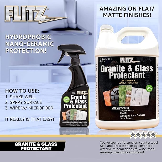 Flitz Granite &amp Glass Protectant - 16oz Bottle of USA-Made Granite Sealer and Glass Countertop Protector - Cleans &amp Prevents Liquid Stains &amp Others - Also Works on Marble &amp All Metal