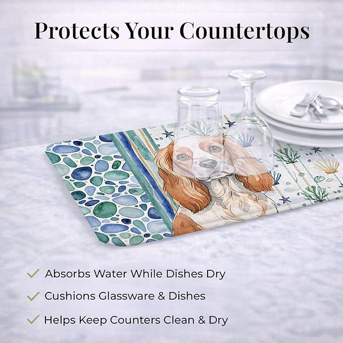 Caroline's Treasures Blenheim Cavalier Spaniel Coastal Sea Glass Dish Drying Mat Absorbent Dish Drying Mat Pad for Kitchen Counter Dish Drainer Mat for Countertop 14 x 21 Multicolor