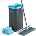 JOYMOOP Mop and Bucket Set with Wringer with 5 Reusable Microfiber Mop Pads Mops for Floor Cleaning and Wall Cleaning Hands-Free Flat Mop for Home Use - Grey+Cyan Blue