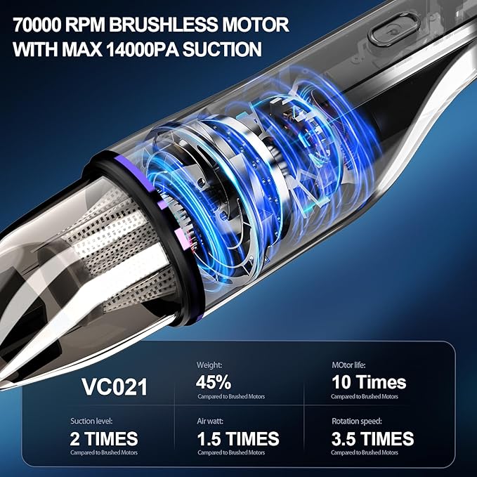 Handheld Vacuum Cordless - Car Vacuum with Brushless Motor &amp 14000Pa Powerful Suction 1.2lbs Lightweight LED Light Slim Mini Vacuum Cleaner for Car Home Office Pet