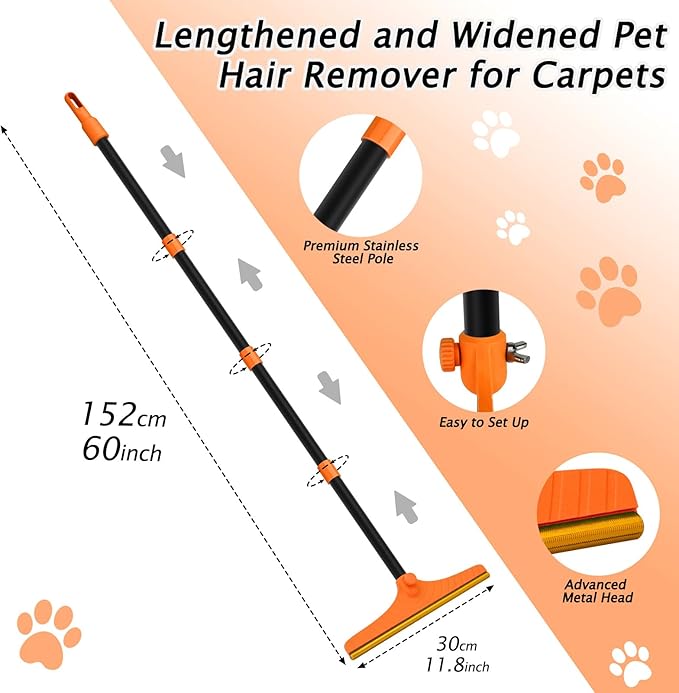 Carpet Rake for Pet Hair Removal - Reusable Pet Hair Remover 60” Adjustable Long Handle Cat Dog Carpet Rake Scraper Dog Hair Rake Brush for Rugs Mats Couch