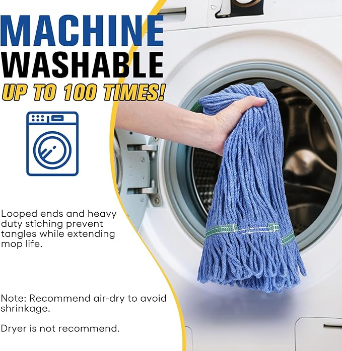 Matthew Cleaning Commercial Mop Head Replacement 5 Inch Wide Headband Looped End Cotton Blend String Wet Mops for Floor Cleaning 18 oz Medium 6-Pack Blue