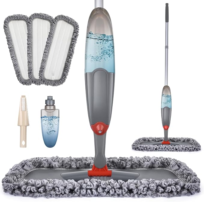 Microfibre Spray Floor Mops for Floor Cleaning Domi-Patrol Cleaning Mops for Hardwood Laminate Tiles Floors Dry Wet Mop Dust Mops with 3 Mop Heads Replacement Pads &amp 635 ML Bottle