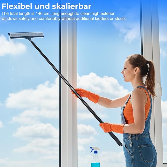 Shower Squeegee with Long Handle Telescoping Window and Floor Extendable Squeegee for Shower Glass Bathroom Surfaces Mirrors and Smooth Floors Includes Replaceable and Washable Cloth Pads