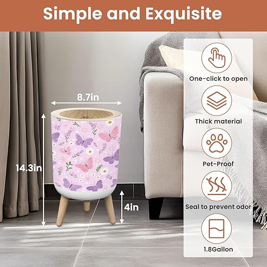 Bathroom Trash Can with Lid Pink Purple Butterfly Daisy Flower Spring Seamless Garbage Bin Waste Basket for Kitchen Office Bedroom Decoration Diaper Pail 1.8 Gallon