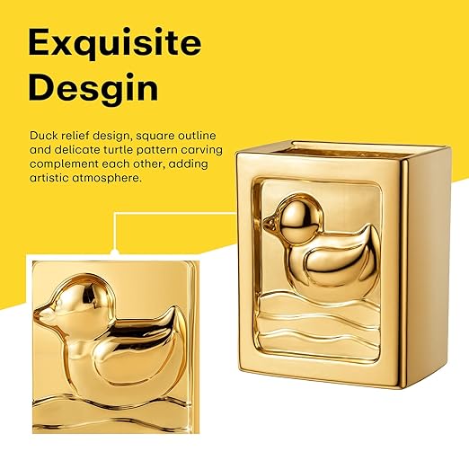 Gold Trash Can - 7L/1.85Gallon Ceramic Waste Basket Decorative Duck Small Garbage Can for Kitchen Bathroom Bedroom Office Multi-Purpose Storage Bin