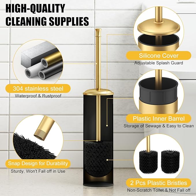 BESy Toilet Brush and Holder Toilet Cleaner Bowl Set with Two Brush with Extra Long Handle Durable Bristles Toilet Scrubber and Covered Holder Drip-Proof Stainless Steel Brushed Gold