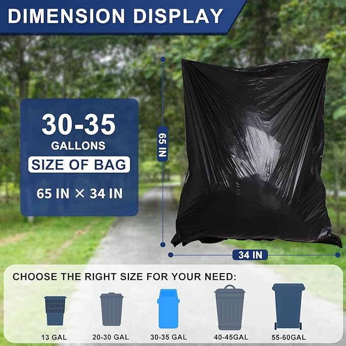 30-35 Gallon Trash Bags Heavy Duty 1.5 Mil - 35 x 37 100 Count Large Black Garbage Bags 30+ Gallon Strong Plastic Trash Can Liners for Home Kitchen Commercial Lawn and Leaf