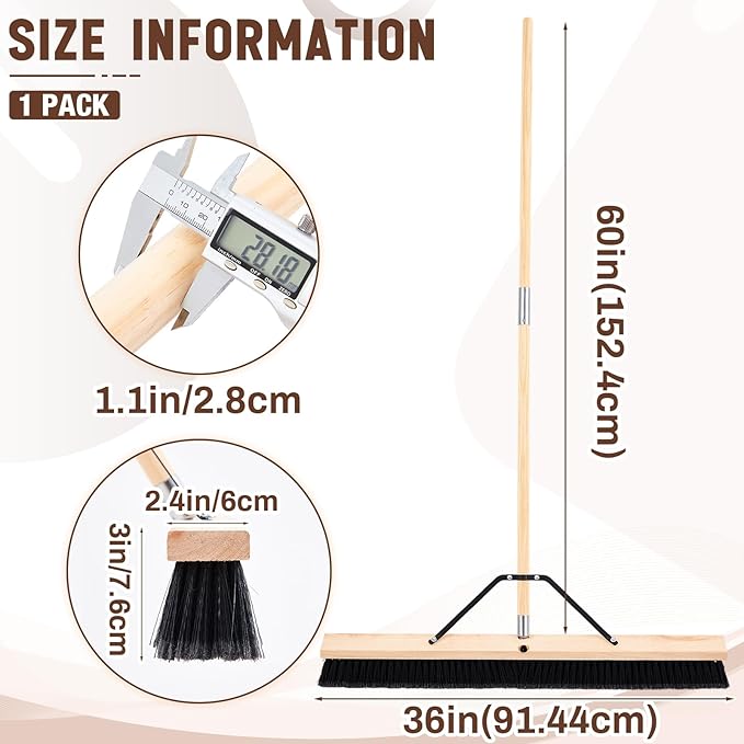 36 Inch Push Broom Indoor Outdoor Use Heavy Duty Floor Sweep Brush with 60 Inch Wood Handle Stiff Bristles for Concrete Garage Driveway Cleaning Snow Leaves Debris