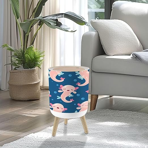 Small Trash Can with Lid axolotl kawaii seamless pattern baby amphibian cute animal drawn 1.8 Gallon/7L Garbage Can Waste Bin with Press Top Lid Wood Legs Wastebasket for Bathroom Kitchen Bedroom