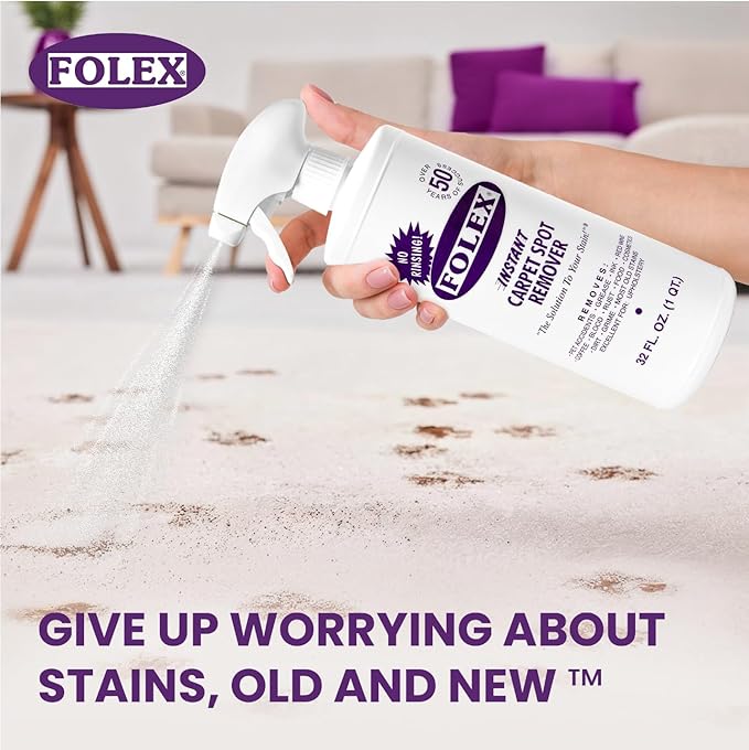 FOLEX Instant Carpet Spot Remover 32 oz – Powerful Stain Remover for Carpets Upholstery &amp Rugs – Eliminates Pet Stains Grease Red Wine Food Makeup &amp More – With Reusable Cleaning Cloth –