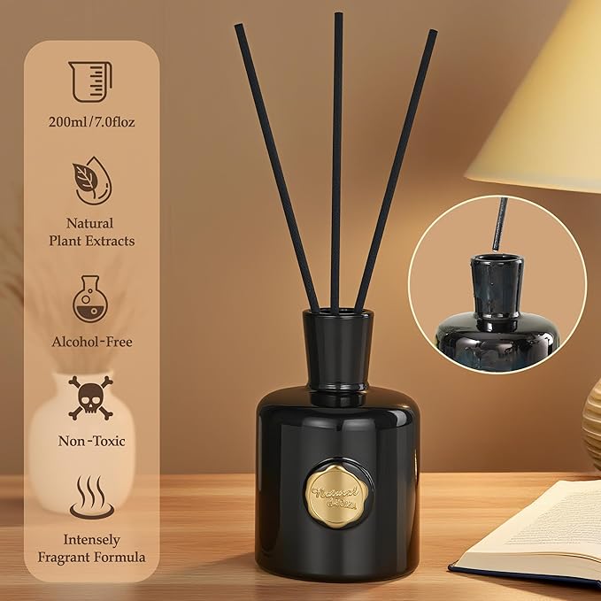 XEPTLE Amber Reed Diffuser for Home Air Freshener Woody Scent Diffuser with 5 Reeds for Bedroom Living Room Bathroom Décor Orange Plum Rose with Honey Amber Vanilla &amp Sandalwood 7.04oz Black