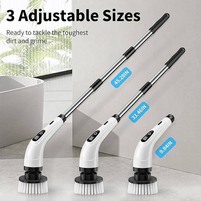 GOXAWEE Electric Spin Scrubber Cordless Cleaning Brush with 8 Replaceable Brush Heads Power Shower Scrubber with Long Handle for Bathroom Tub Tile Floor (White)